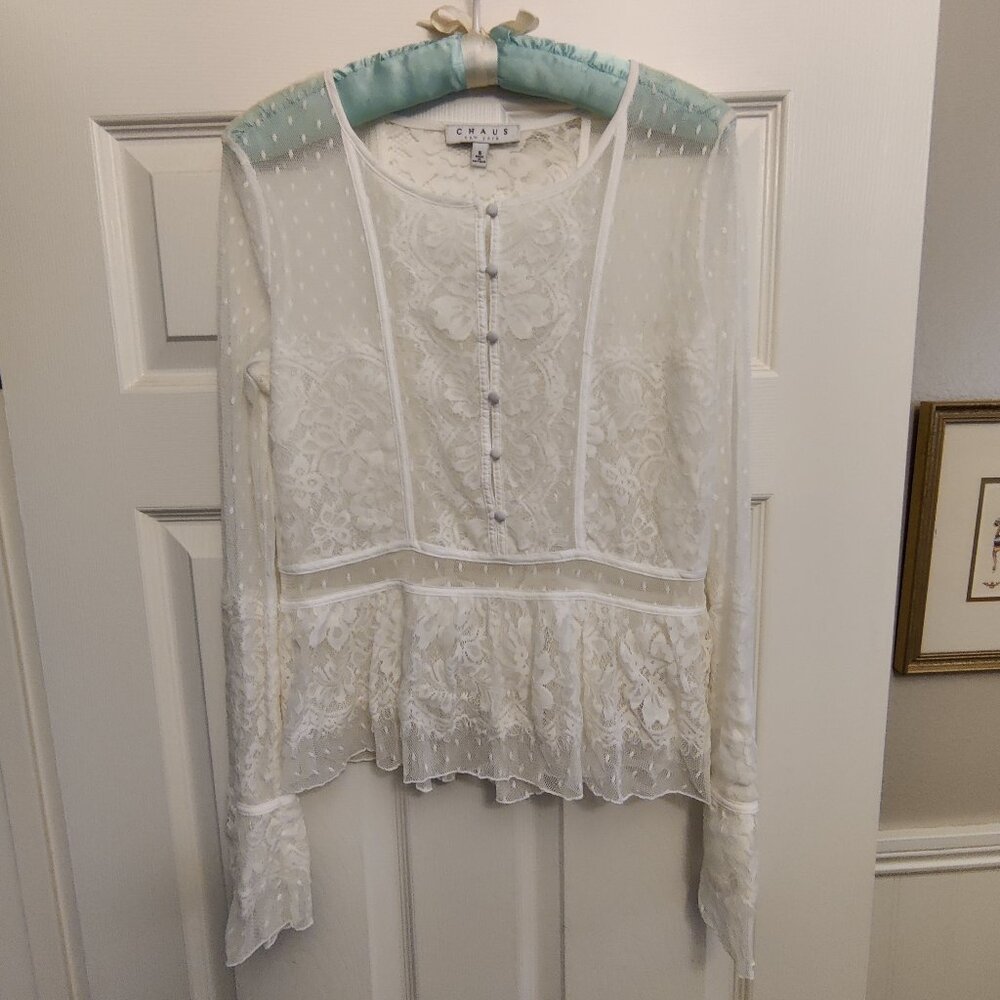 CHAUS New York Sheer/Illusion Lace Blouse Top in WHITE SZ-S